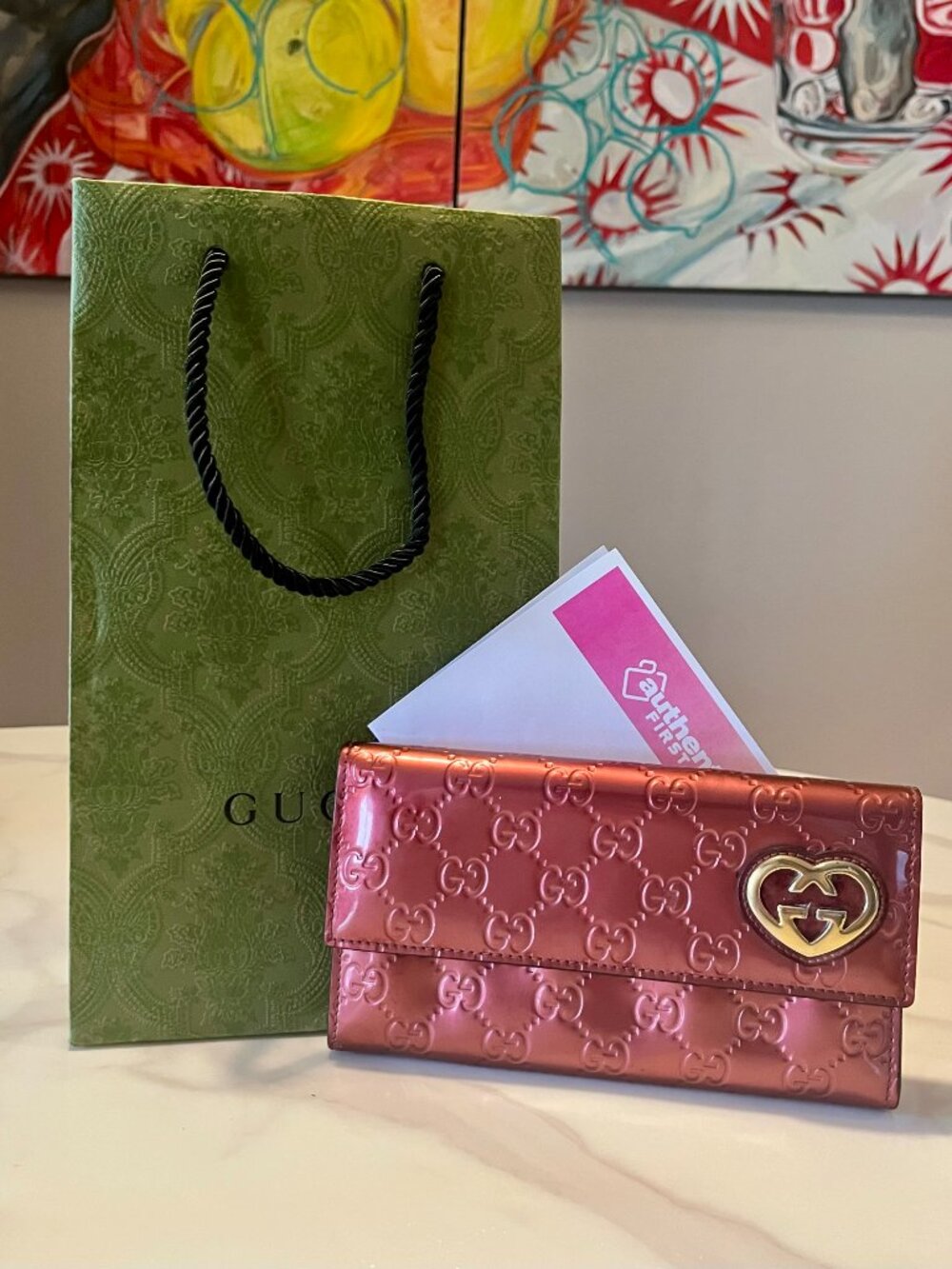 Gucci Metallic Pink Patent Leather Continental Wallet